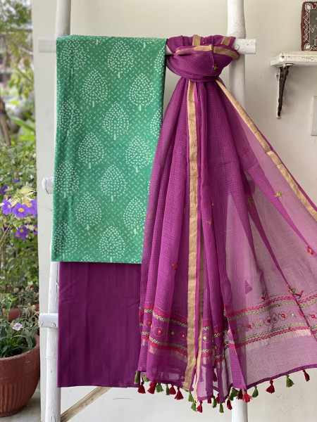 GREEN & WINE PHULWARI HAND EMBROIDERED KOTA DUPATTA SET