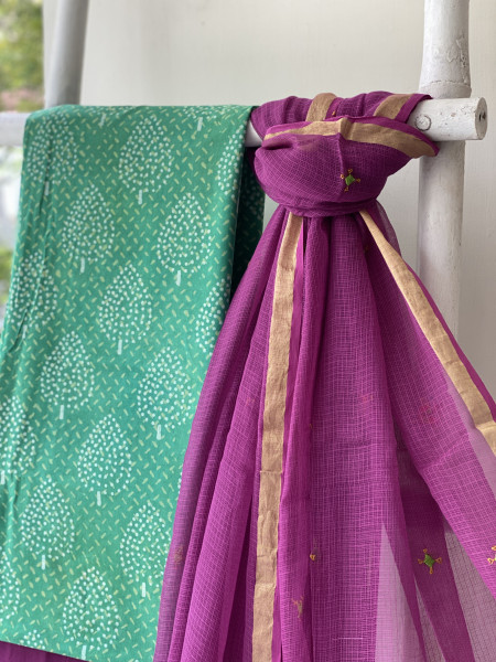 GREEN & WINE PHULWARI HAND EMBROIDERED KOTA DUPATTA SET