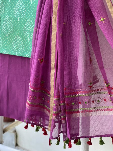 GREEN & WINE PHULWARI HAND EMBROIDERED KOTA DUPATTA SET