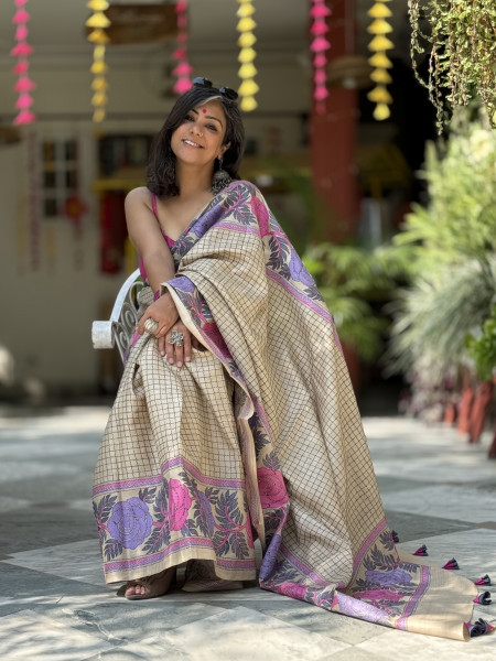 BEIGE KANTHA HAND EMBROIDERED TUSSAR  SILK SARI