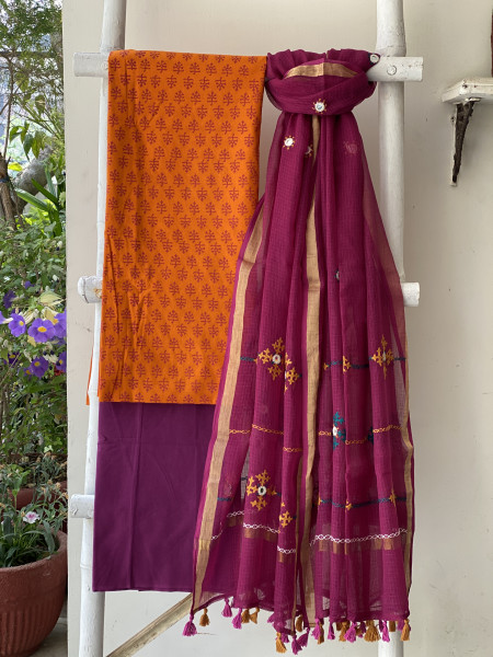 FLAME & WINE PHULWARI HAND EMBROIDERED KOTA DUPATTA SET