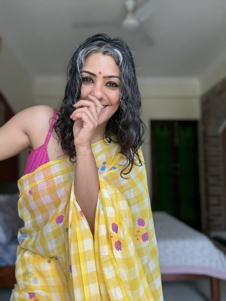 YELLOW GINGHAM CHECKS WITH HAND PAINTING MULMUL COTTON SARI