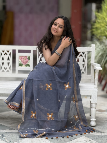 GREY  KOTA COTTON HAND EMBROIDERED SARI