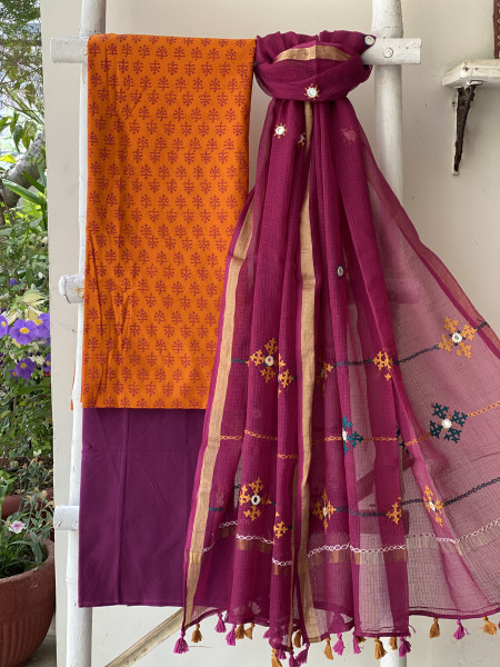 FLAME & WINE PHULWARI HAND EMBROIDERED KOTA DUPATTA SET