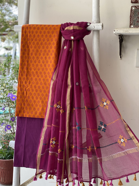 FLAME & WINE PHULWARI HAND EMBROIDERED KOTA DUPATTA SET