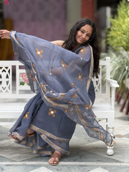 GREY  KOTA COTTON HAND EMBROIDERED SARI
