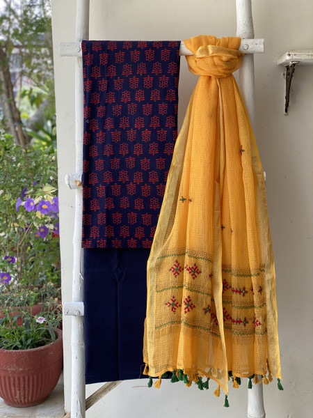 NAVY BLUE & YELLOW PHULWARI HAND EMBROIDERED KOTA DUPATTA SET