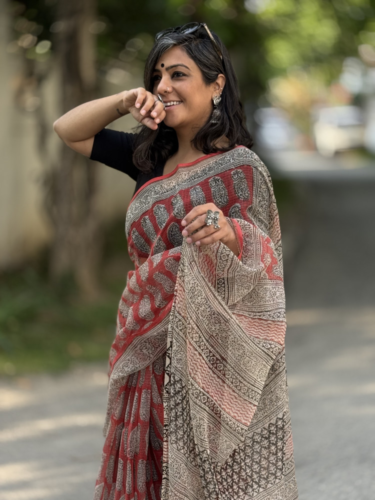 Image of RED HAND BLOCK PRINT COTTON KOTA SARI