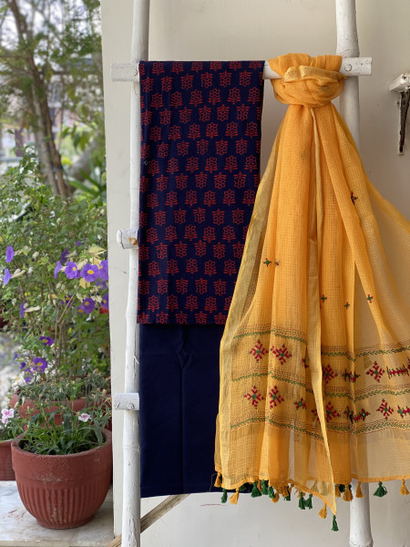 NAVY BLUE & YELLOW PHULWARI HAND EMBROIDERED KOTA DUPATTA SET