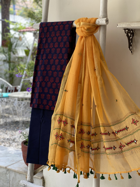 NAVY BLUE & YELLOW PHULWARI HAND EMBROIDERED KOTA DUPATTA SET