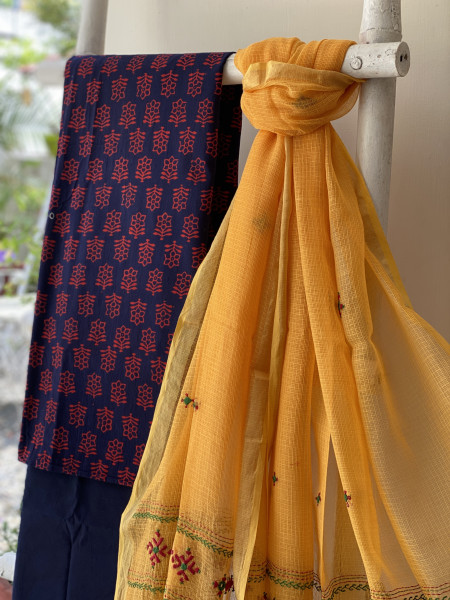 NAVY BLUE & YELLOW PHULWARI HAND EMBROIDERED KOTA DUPATTA SET