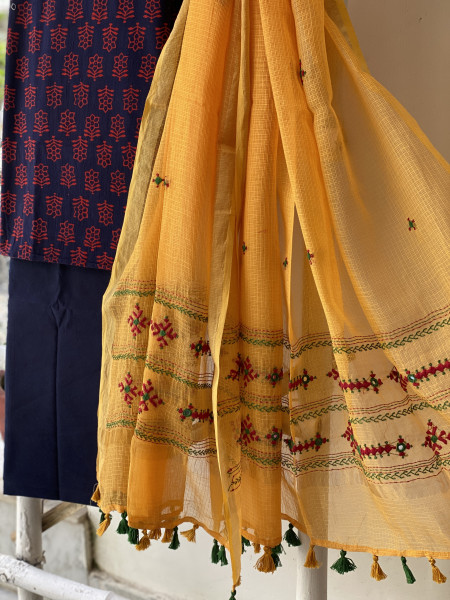 NAVY BLUE & YELLOW PHULWARI HAND EMBROIDERED KOTA DUPATTA SET