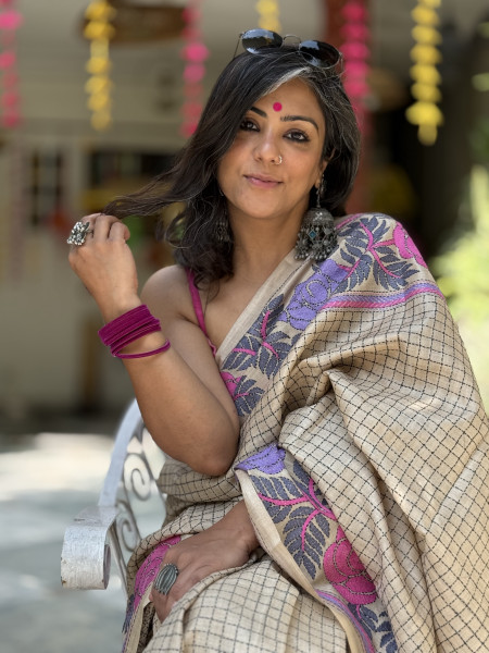 BEIGE KANTHA HAND EMBROIDERED TUSSAR  SILK SARI