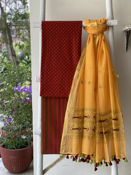 RUST-RED & YELLOW PHULWARI HAND EMBROIDERED KOTA DUPATTA SET