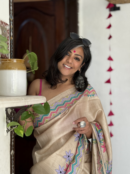 BEIGE KANTHA HAND EMBROIDERED TUSSAR  SILK SARI