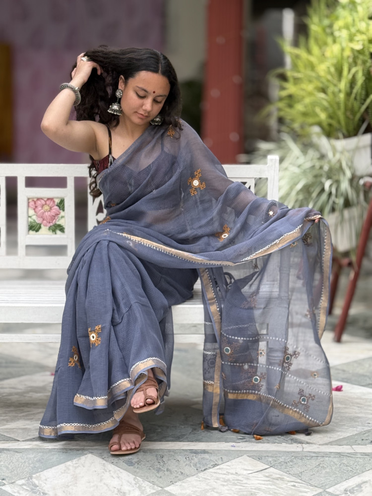 Image of GREY  KOTA COTTON HAND EMBROIDERED SARI