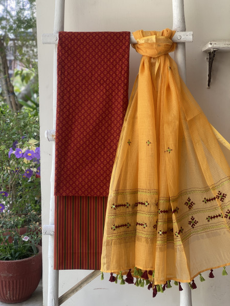 RUST-RED & YELLOW PHULWARI HAND EMBROIDERED KOTA DUPATTA SET