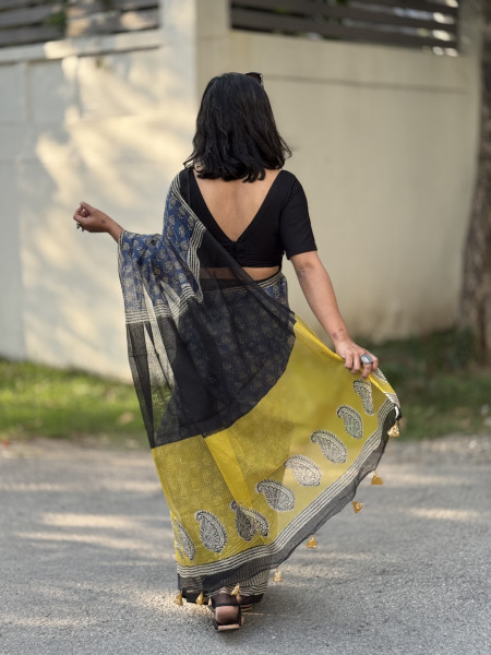 INDIGO-BEIGE HAND BLOCK PRINT COTTON KOTA SARI