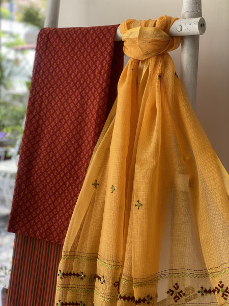 RUST-RED & YELLOW PHULWARI HAND EMBROIDERED KOTA DUPATTA SET