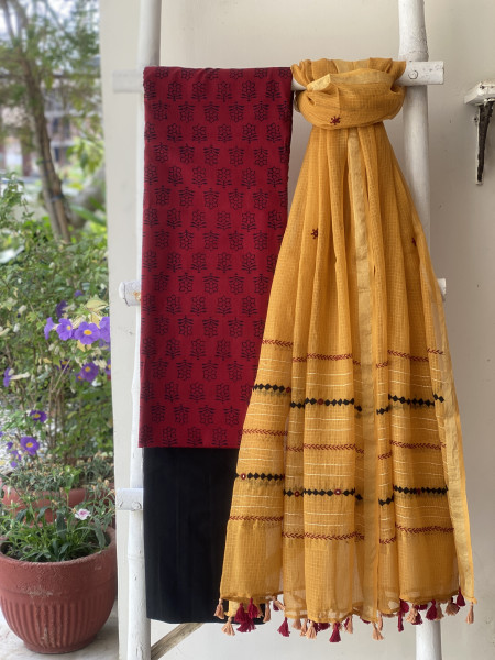 MAROON & MUSTARD PHULWARI HAND EMBROIDERED KOTA DUPATTA SET