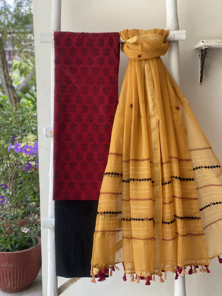 MAROON & MUSTARD PHULWARI HAND EMBROIDERED KOTA DUPATTA SET