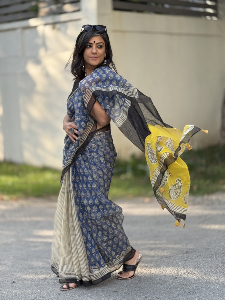 INDIGO-BEIGE HAND BLOCK PRINT COTTON KOTA SARI