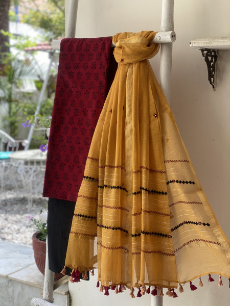 MAROON & MUSTARD PHULWARI HAND EMBROIDERED KOTA DUPATTA SET