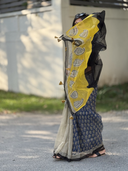 INDIGO-BEIGE HAND BLOCK PRINT COTTON KOTA SARI