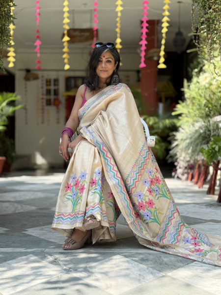 BEIGE KANTHA HAND EMBROIDERED TUSSAR  SILK SARI