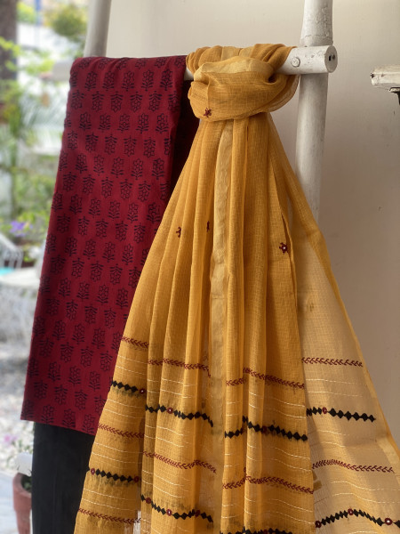 MAROON & MUSTARD PHULWARI HAND EMBROIDERED KOTA DUPATTA SET