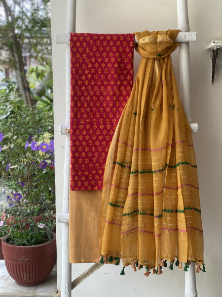 MAGENTA & MUSTARD PHULWARI HAND EMBROIDERED KOTA DUPATTA SET