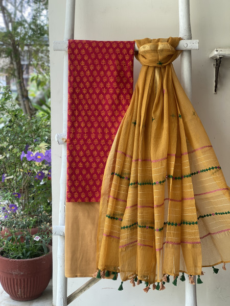 MAGENTA & MUSTARD PHULWARI HAND EMBROIDERED KOTA DUPATTA SET