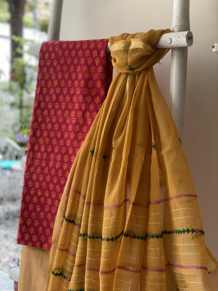 MAGENTA & MUSTARD PHULWARI HAND EMBROIDERED KOTA DUPATTA SET