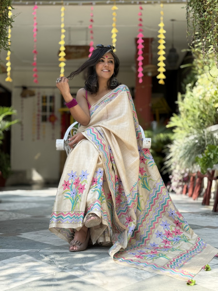 BEIGE KANTHA HAND EMBROIDERED TUSSAR  SILK SARI