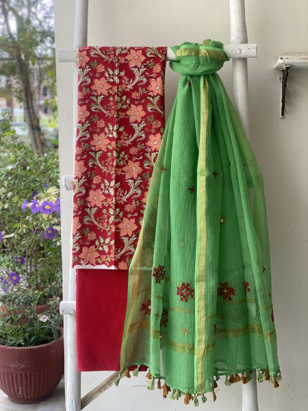 RED & GREEN PHULWARI HAND EMBROIDERED KOTA DUPATTA SET