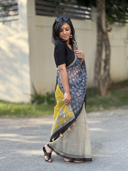 INDIGO-BEIGE HAND BLOCK PRINT COTTON KOTA SARI