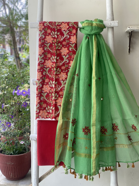 RED & GREEN PHULWARI HAND EMBROIDERED KOTA DUPATTA SET