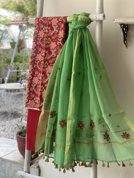 RED & GREEN PHULWARI HAND EMBROIDERED KOTA DUPATTA SET