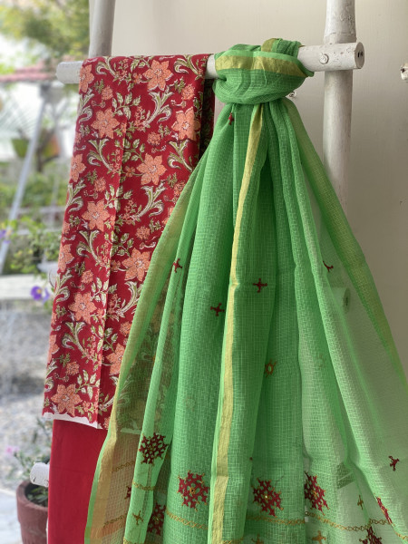 RED & GREEN PHULWARI HAND EMBROIDERED KOTA DUPATTA SET