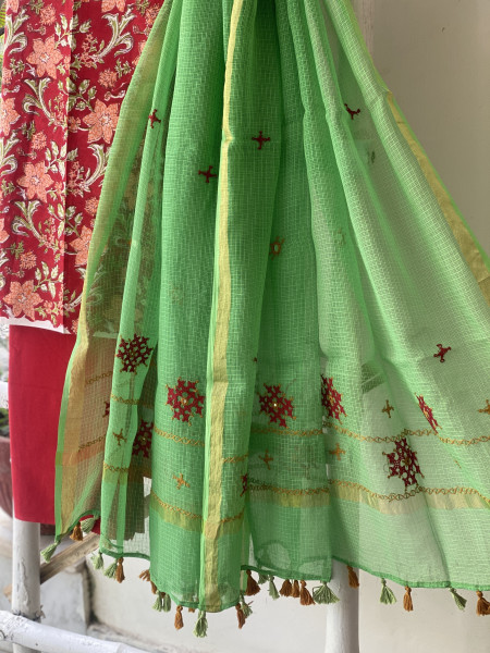 RED & GREEN PHULWARI HAND EMBROIDERED KOTA DUPATTA SET