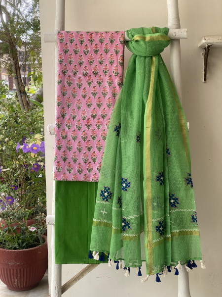 PINK & GREEN PHULWARI HAND EMBROIDERED KOTA DUPATTA SET