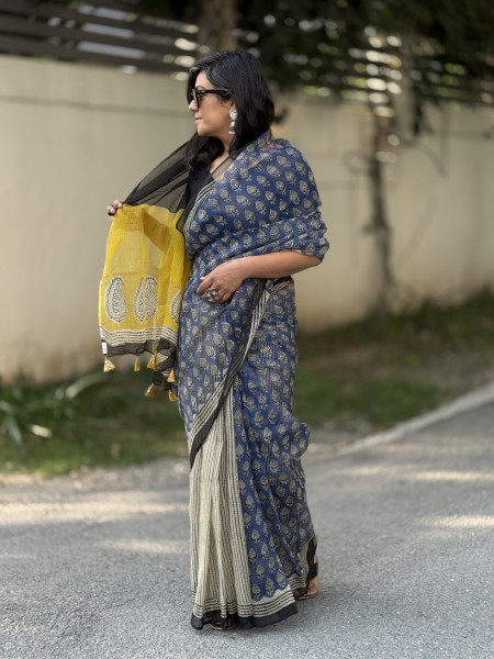 INDIGO-BEIGE HAND BLOCK PRINT COTTON KOTA SARI