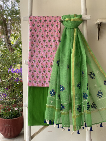 PINK & GREEN PHULWARI HAND EMBROIDERED KOTA DUPATTA SET