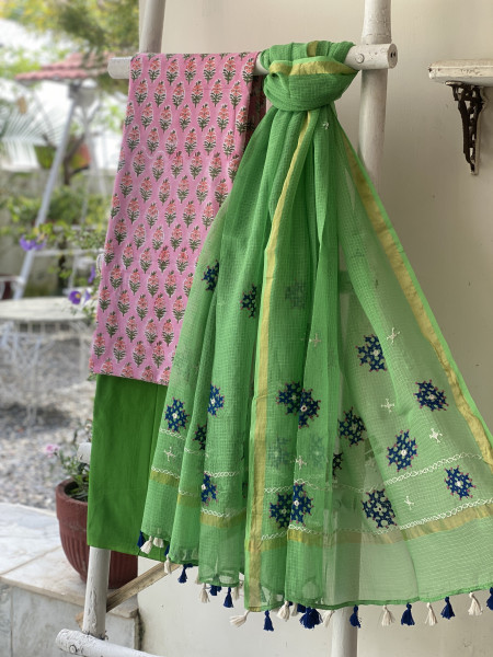 PINK & GREEN PHULWARI HAND EMBROIDERED KOTA DUPATTA SET