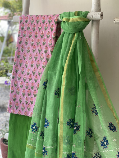 PINK & GREEN PHULWARI HAND EMBROIDERED KOTA DUPATTA SET
