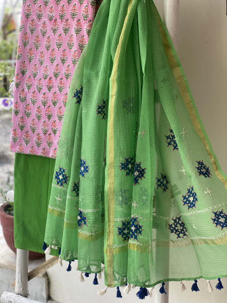 PINK & GREEN PHULWARI HAND EMBROIDERED KOTA DUPATTA SET