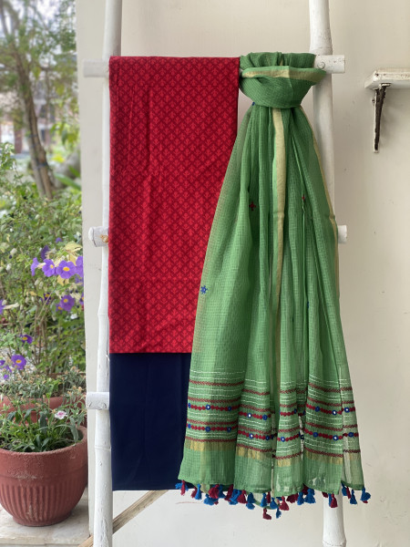 RED & GREEN PHULWARI HAND EMBROIDERED KOTA DUPATTA SET