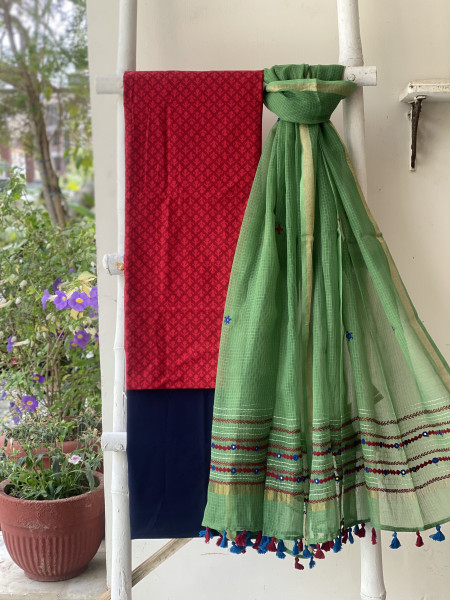 RED & GREEN PHULWARI HAND EMBROIDERED KOTA DUPATTA SET