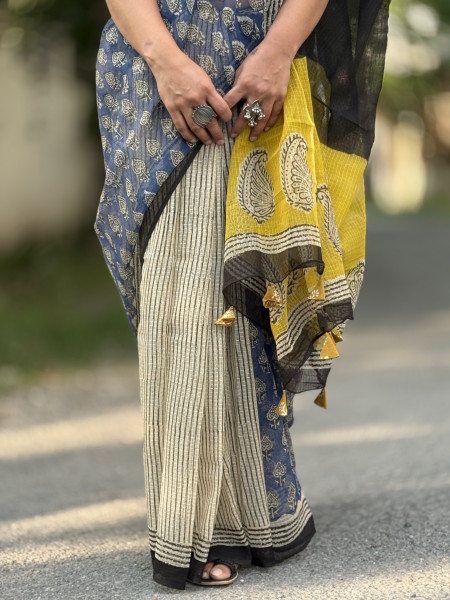 INDIGO-BEIGE HAND BLOCK PRINT COTTON KOTA SARI