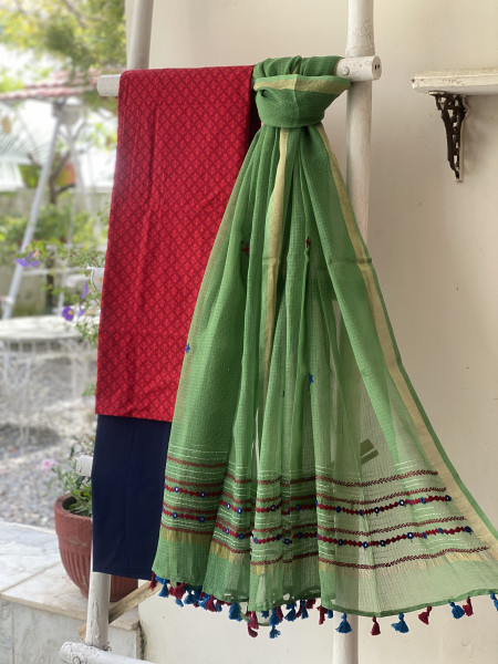 RED & GREEN PHULWARI HAND EMBROIDERED KOTA DUPATTA SET